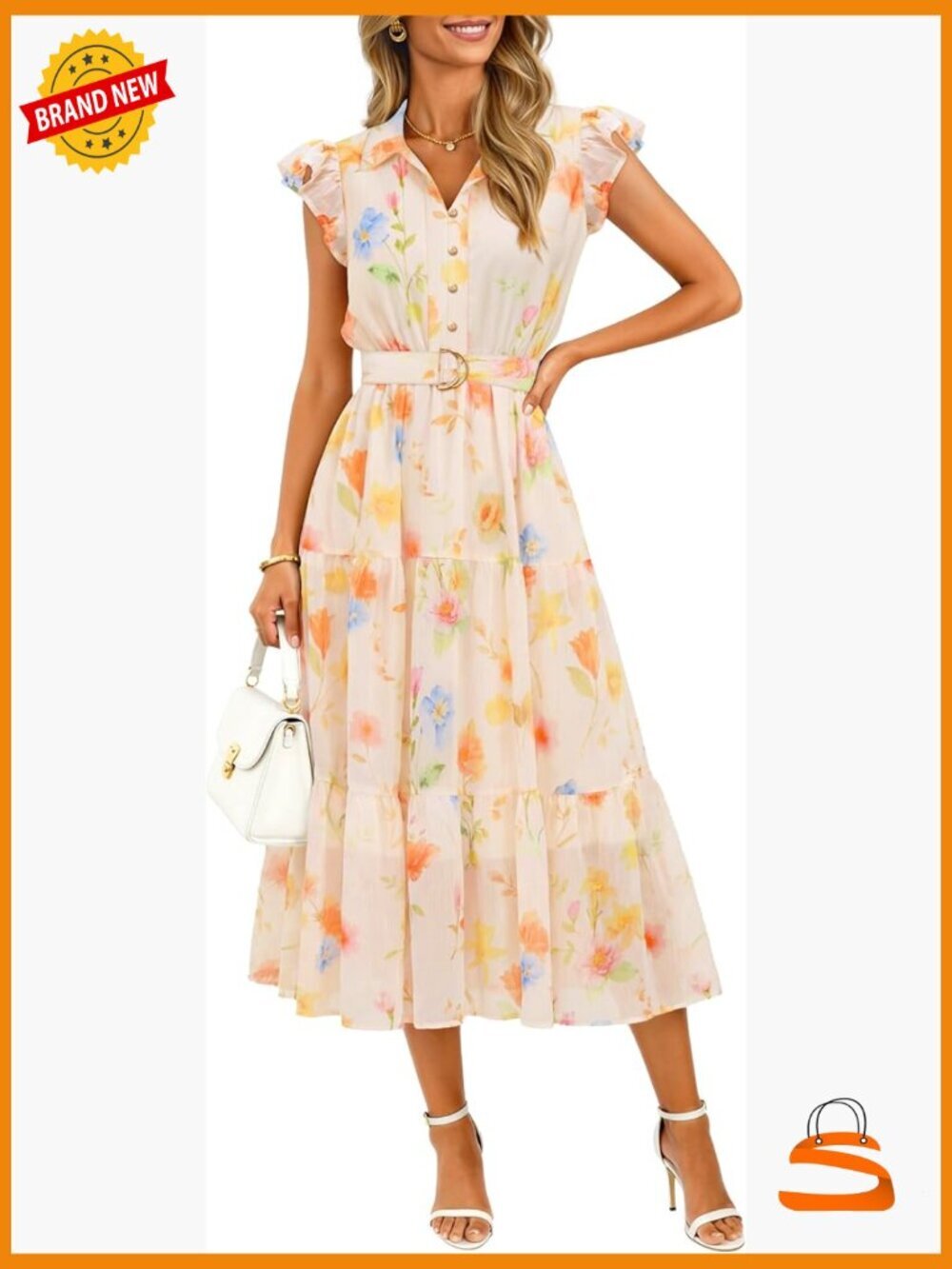Floral Midi Dress with Flutter Sleeves and Belted A-Line Silhouette